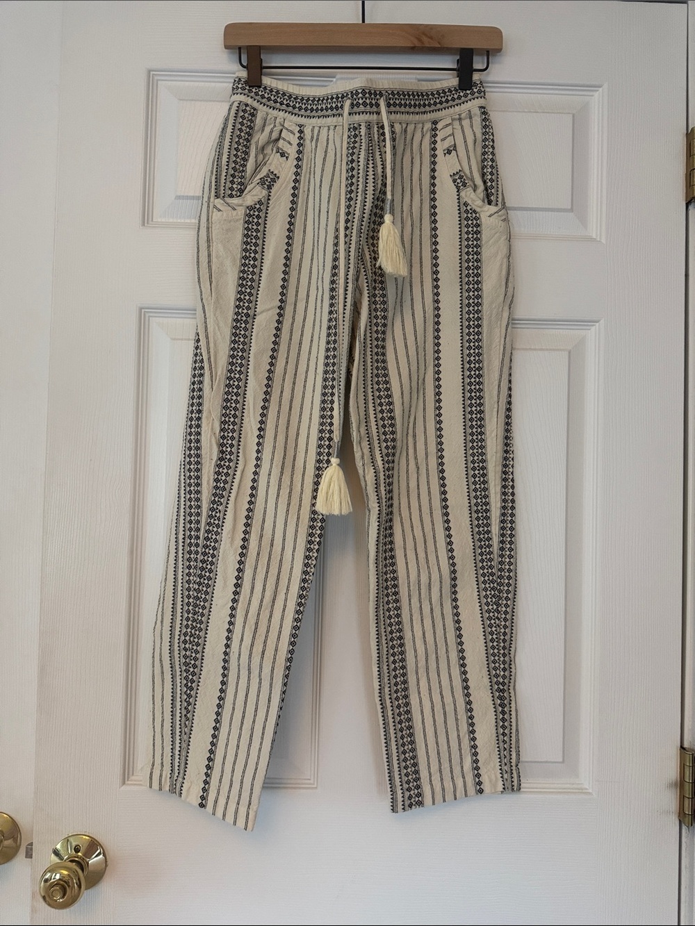 Anthropologie Cream and Black Striped Cropped Drawstring Pants